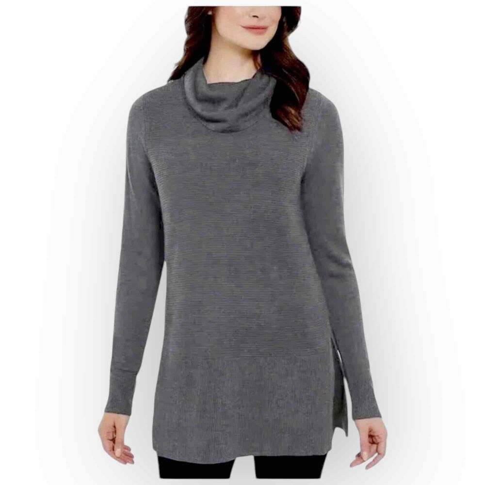 Adrienne Vittadini Women’s Cowl Neck Tunic Sweater, Steel Heather, Large 244L